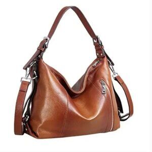 Heshe Genuine Pepple Grain Leather Tote Shoulder Bag Satchel Purse Tan Brown